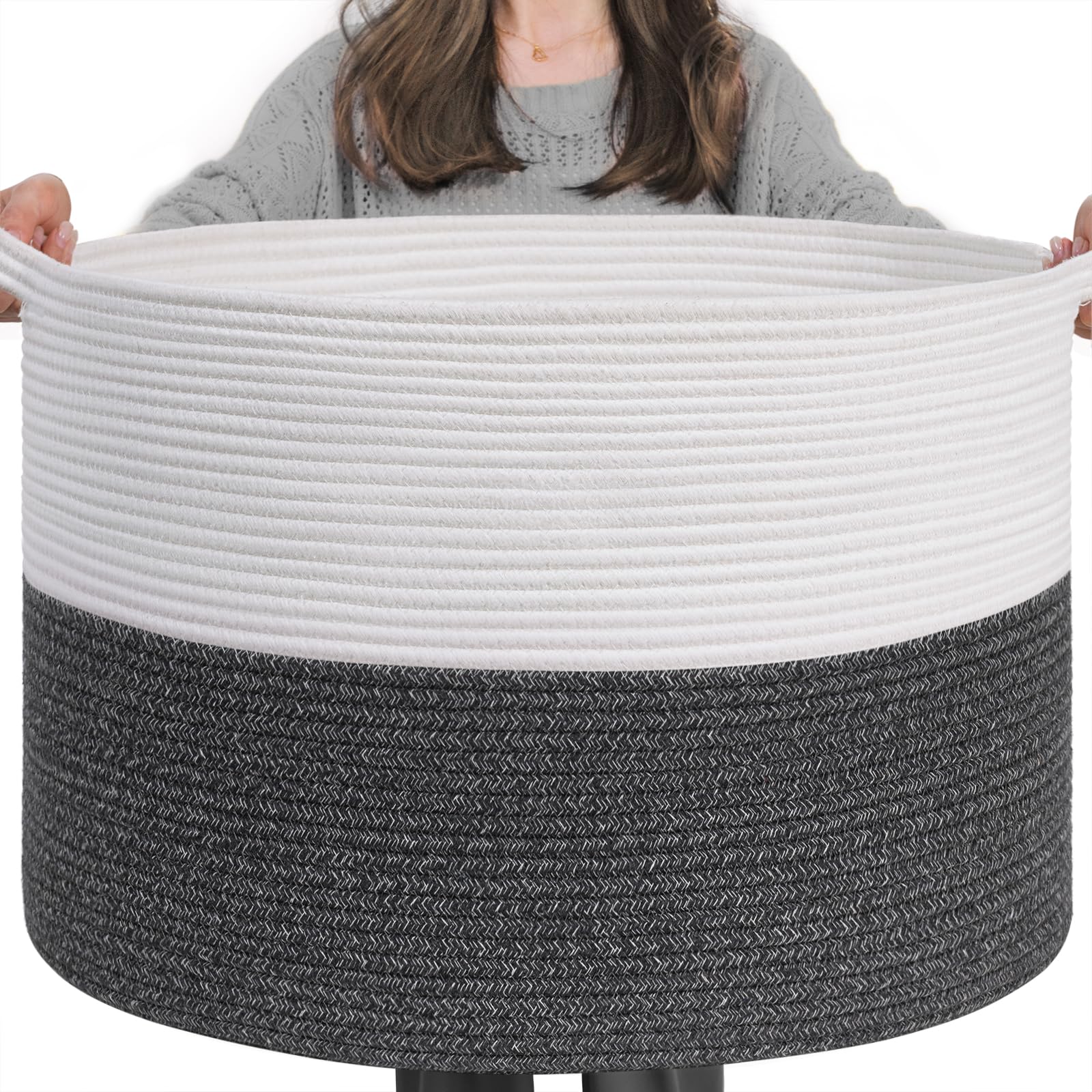 Indressme Woven Rope Basket With Handle, Xxxlarge, Cotton (21.7' X 21.7' X 13.8') Laundry Hamper For Baby Laundry, Blanket, Toy, Storage Comforter Cushions, Gray